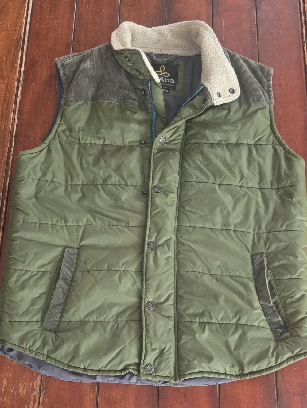 Prana Olive Green Quilted Vest with Cream Sherpa Collar & Corduroy Shoulders